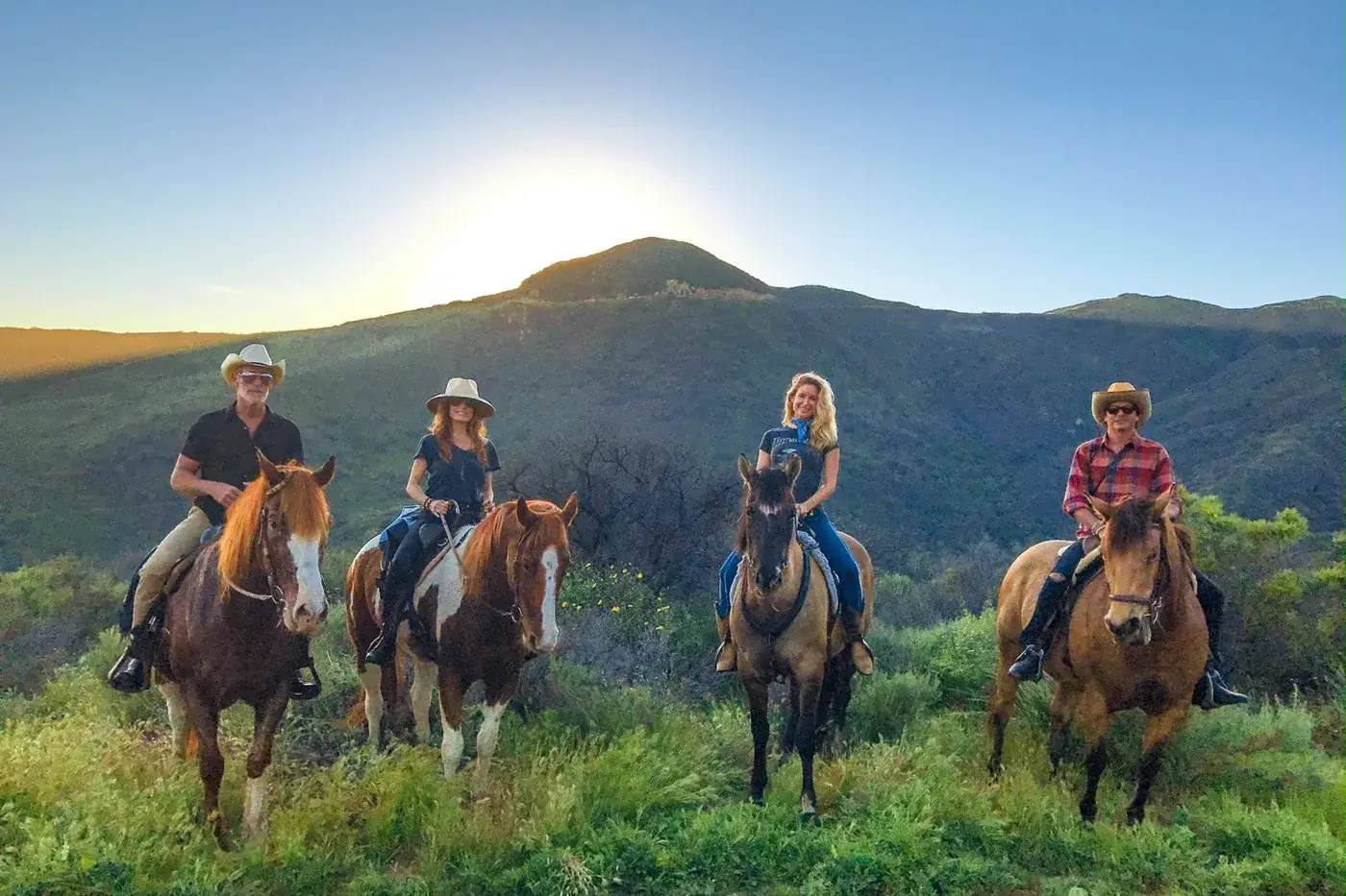 Four riders in the green hills