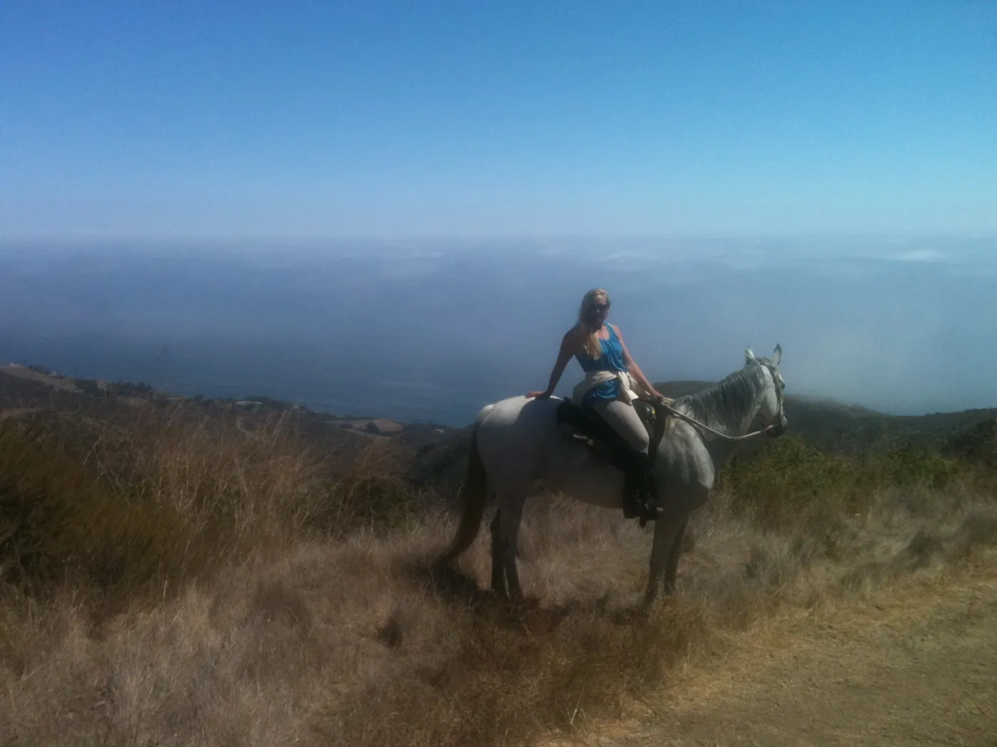 A rider on a grey horse above the ocean haze