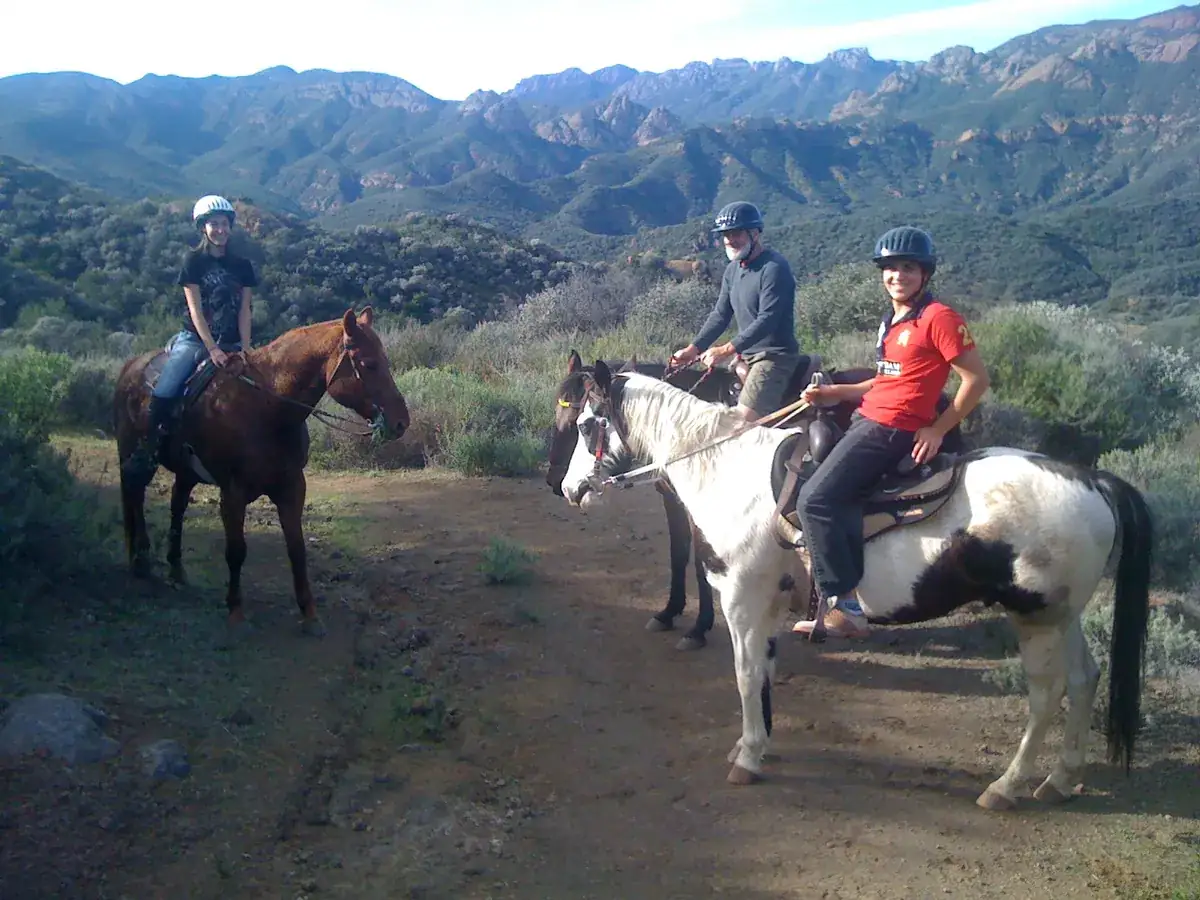 Three riders at the canyon overlook