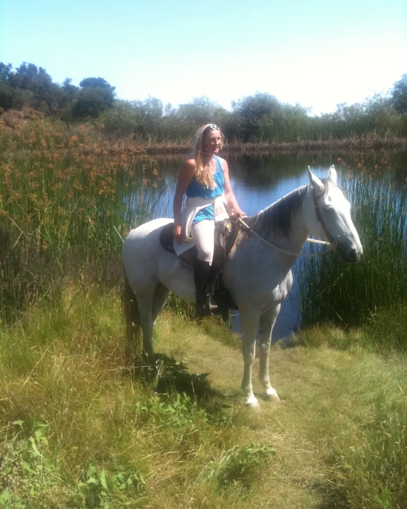 A white horse and rider at the pond