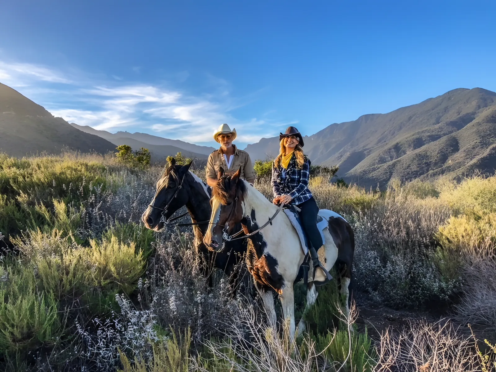 Two riders on paint horses in the sage with the mountains behind